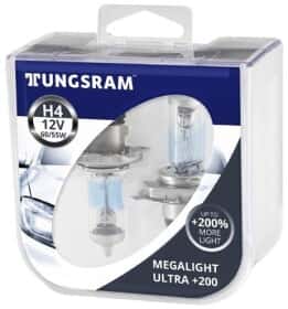 Автолампа Tungsram Megalight Ultra +200 H4 P43t 55 W 60 W прозоро-блакитна TU50440XHU2PL