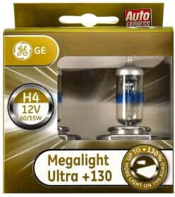 Автолампа General Electric Megalight Ultra +130 H4 P43t 55 W 60 W прозрачно-голубая 50440xnu2d