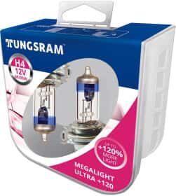 Автолампа Tungsram Megalight Ultra +120 H4 P43t 55 W 60 W прозрачно-голубая 50440SNU2PL