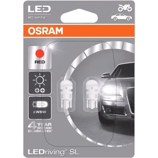 Автолампа Osram LEDriving W5W W2,1x9,5d 1 W червона 2825DRP02B