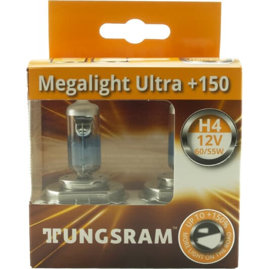 Автолампа Tungsram Megalight Ultra +150 H4 P43t 60 W прозрачно-голубая 50440nxnu2d