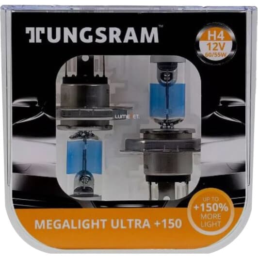 Автолампа Tungsram Megalight Ultra +150 H4 P43t 60 W прозрачно-голубая 50440NXNU2PL
