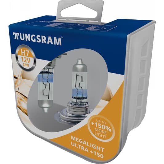 Автолампа Tungsram Megalight Ultra +150 H7 PX26d 55 W прозрачно-голубая 58520NXNU2PL