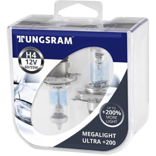 Автолампа Tungsram Megalight Ultra +200 H4 P43t 60 W прозоро-блакитна TU50440XHU2PL