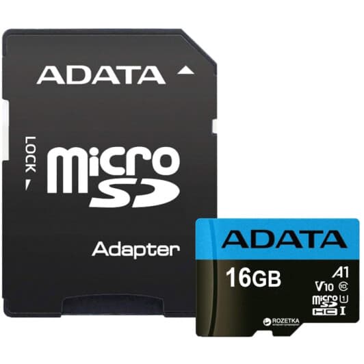Карта памяти Adata Premier microSDHC 16 ГБ с SD-адаптером AUSDH16GUICL10A1-RA1