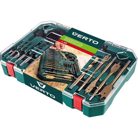 Набор сверл Verto спиральных и перьевых по металлу, бетону и дереву 66H650 2-10 мм 49 шт.