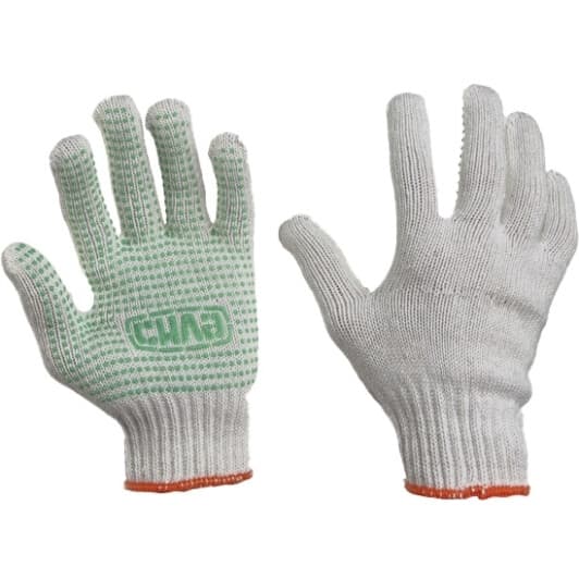 Перчатки рабочие Сила хб с точками ПВХ белые с зеленым