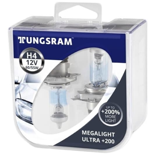 Автолампа Tungsram Megalight Ultra +200 H4 P43t 60 W прозоро-блакитна TU50440XHU2PL