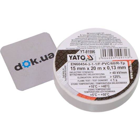 Изолента Yato YT-81596 белый ПВХ 15 мм x 20 м