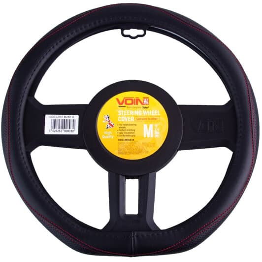 Чохол на кермо Voin VLOD-LF2161 M шкіра з перфорацією з 1 швом колір чорний з червоною ниткою