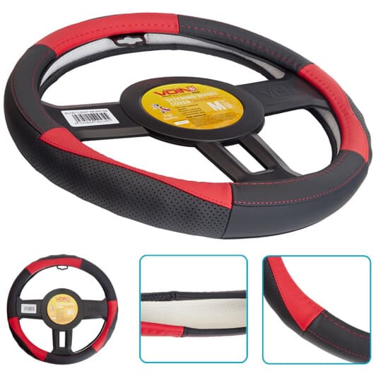 Чохол на кермо Voin VLOD-L2607 M шкіра з перфорацією з 1 швом колір чорно-червоний