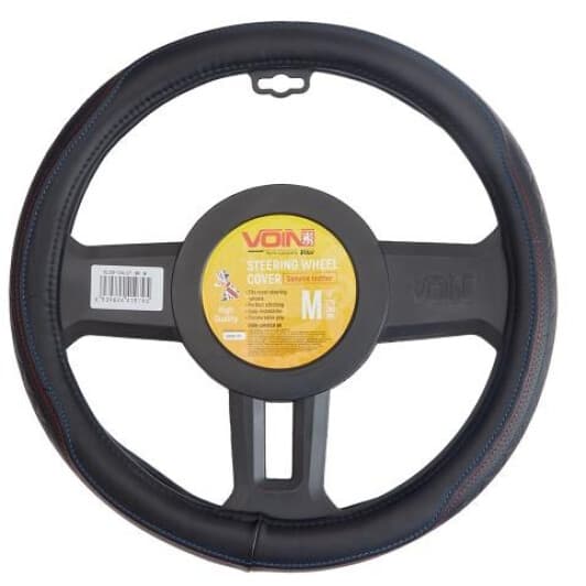 Чохол на кермо Voin VLOD-24LC7 M шкіра з перфорацією з 1 швом колір чорний з червоною та синьою ниткою