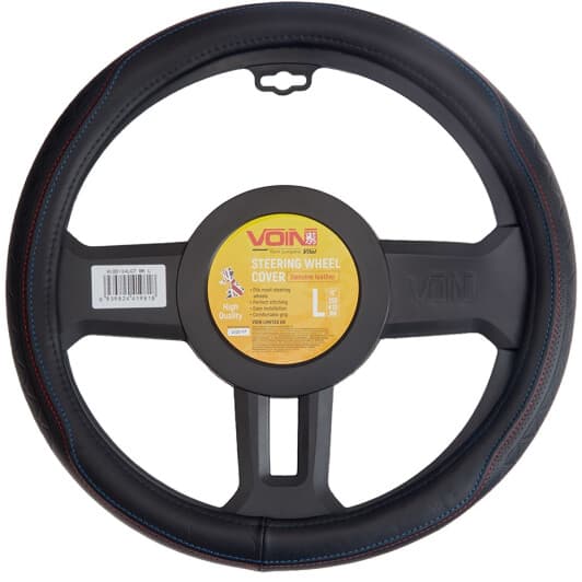 Чохол на кермо Voin VLOD-24LC7 L шкіра з перфорацією з 1 швом колір чорний з червоною та синьою ниткою