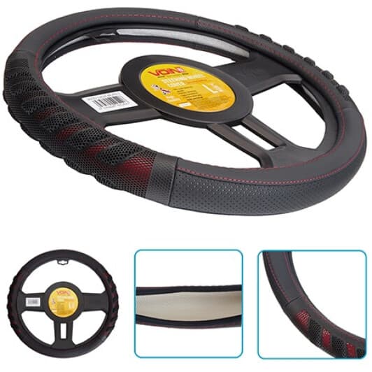 Чохол на кермо Voin VLOD-L2628 L шкіра з перфорацією з 1 швом колір чорний з червоною ниткою