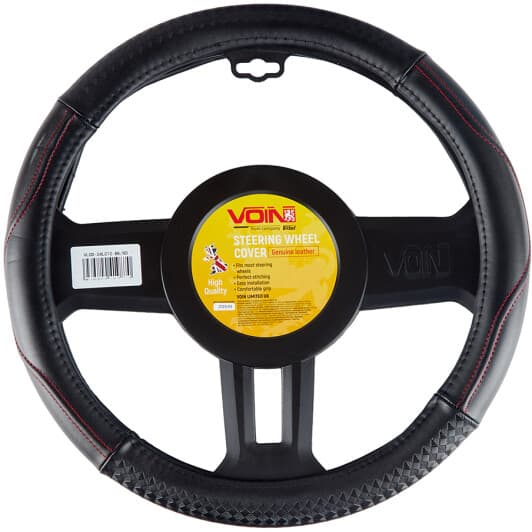 Чохол на кермо Voin VLOD-24LC10 L штучна шкіра колір чорний з червоною ниткою