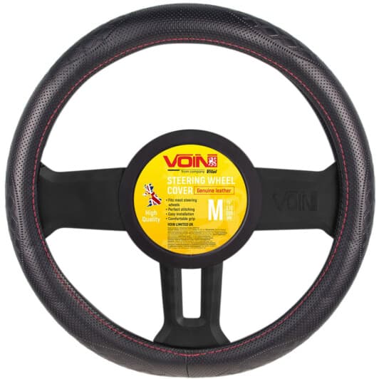 Чехол на руль Voin VLOD-L941 M кожа с перфорацией с 1 швом цвет черный с красной нитью