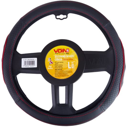Чохол на кермо Voin VLOD-L282 L штучна шкіра з перфорацією колір чорний з червоною ниткою