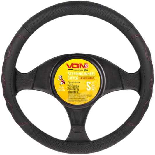 Чохол на кермо Voin VLOD-L283 S штучна шкіра з перфорацією колір чорний з червоною ниткою