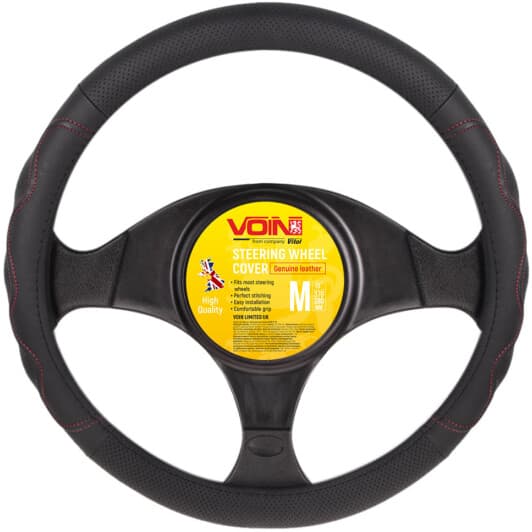 Чохол на кермо Voin VLOD-L283 M штучна шкіра з перфорацією колір чорний з червоною ниткою