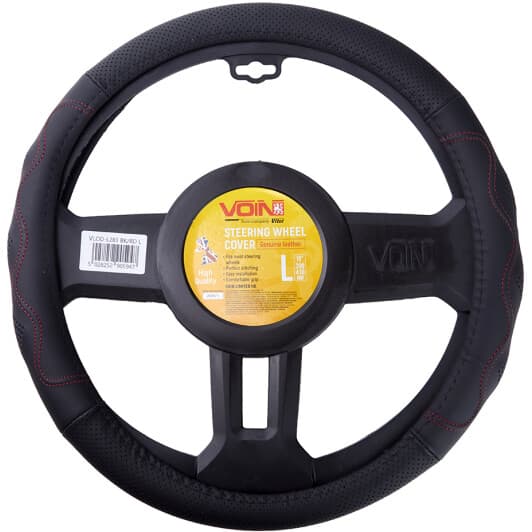 Чохол на кермо Voin VLOD-L283 L штучна шкіра з перфорацією колір чорний з червоною ниткою