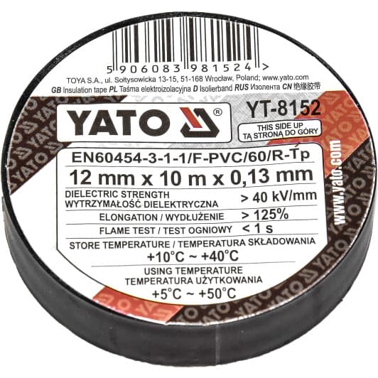 Изолента Yato yt8152 черная ПВХ 12 мм х 10 м