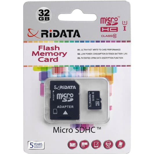 Карта памяти RiDATA microSDHC 32 ГБ с SD-адаптером