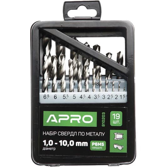 Набор сверл Apro спиральных по металлу 810203 1-10 мм 19 шт.