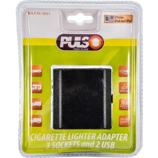 Розгалужувач прикурювача з USB Pulso 3 в 1 + 2 USB sc3031