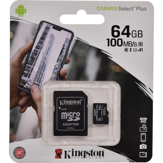 Карта памяти Kingston Canvas Select Plus microSDXC 64 ГБ с SD-адаптером