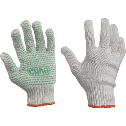 Перчатки рабочие Сила хб с точками ПВХ белые с зеленым