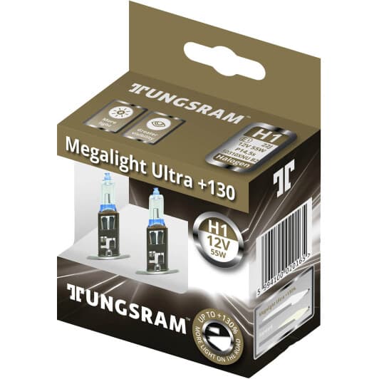Автолампа Tungsram Megalight Ultra +130 H1 P14,5s 55 W прозоро-блакитна 50310xnu2d