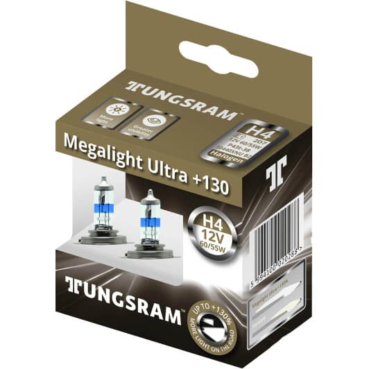 Автолампа Tungsram Megalight Ultra +130 H4 P43t 60 W прозоро-блакитна 50440xnu2d