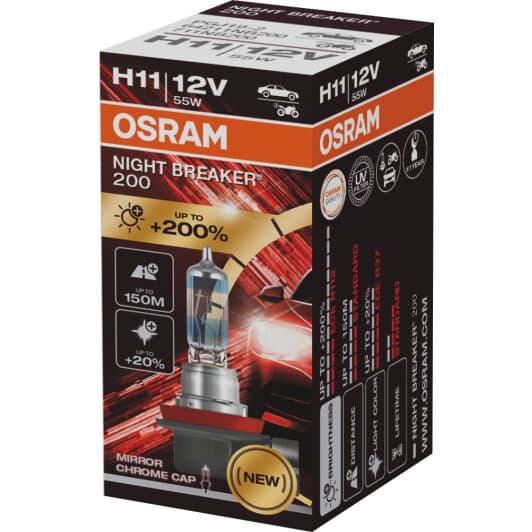 Автолампа Osram Night Breaker 200 H11 PGJ19-2 55 W прозоро-блакитна 64211NB200