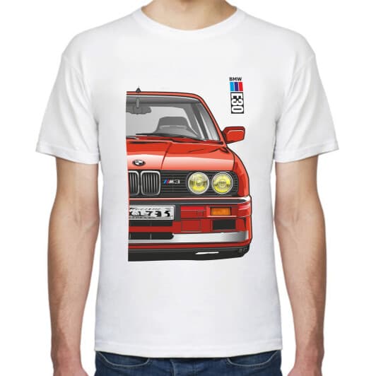 Футболка чоловіча Avtolife класична BMW E30 MotorSport Red біла принт спереду