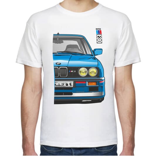 Футболка мужская Avtolife BMW E30 MotorSport Blue белая принт спереди и сзади