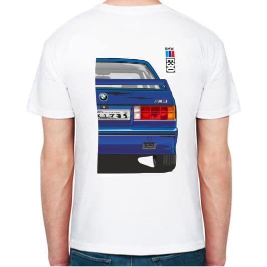 Футболка чоловіча Avtolife класична BMW E30 MotorSport Dark Blue біла принт ззаду