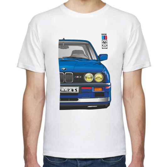 Футболка мужская Avtolife BMW E30 MotorSport Dark Blue белая принт спереди и сзади