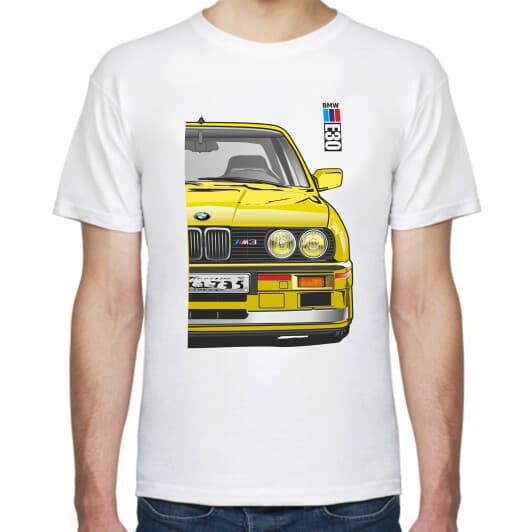 Футболка чоловіча Avtolife класична BMW E30 MotorSport Yellow біла принт спереду