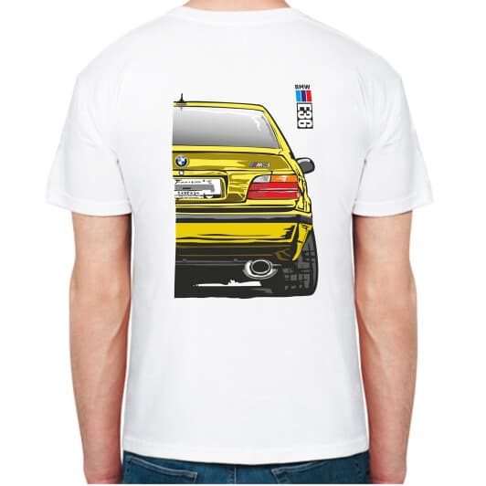 Футболка чоловіча Avtolife класична BMW E36 MotorSport Yellow біла принт ззаду