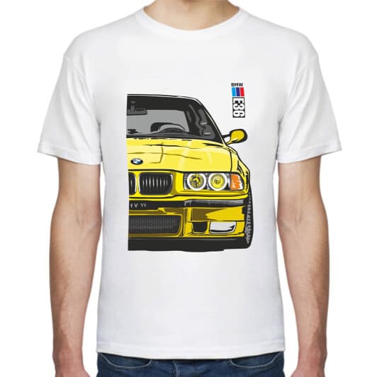 Футболка мужская Avtolife BMW E36 MotorSport Yellow белая принт спереди и сзади