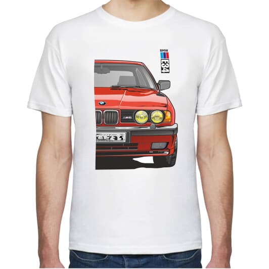 Футболка мужская Avtolife BMW E34 MotorSport Red белая принт спереди и сзади