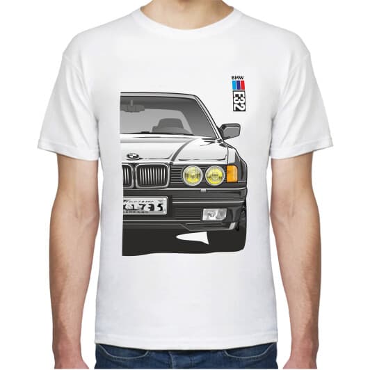 Футболка чоловіча Avtolife BMW E32 Stock White біла принт спереду і ззаду