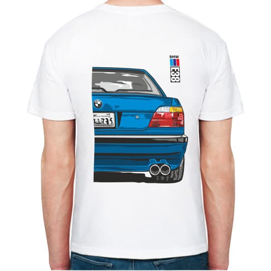 Футболка мужская Avtolife классическая BMW E38 Alpina Blue белая принт сзади