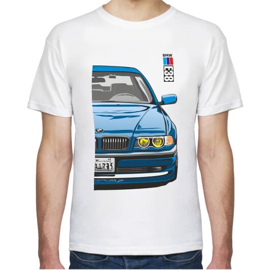 Футболка чоловіча Avtolife BMW E38 Alpina Blue біла принт спереду і ззаду