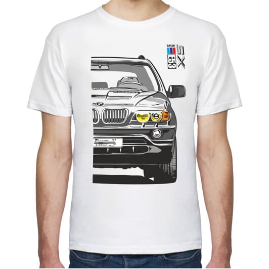Футболка мужская Avtolife BMW X5 E53 Stock White белая принт спереди и сзади