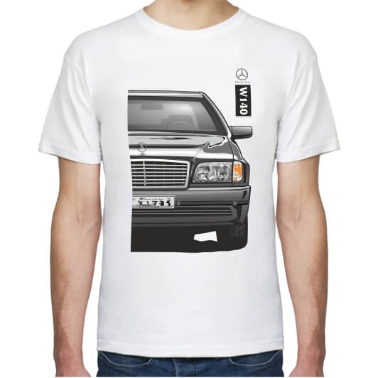 Футболка мужская Avtolife классическая Mercedes-Benz W140 Stock White белая принт спереди и сзади