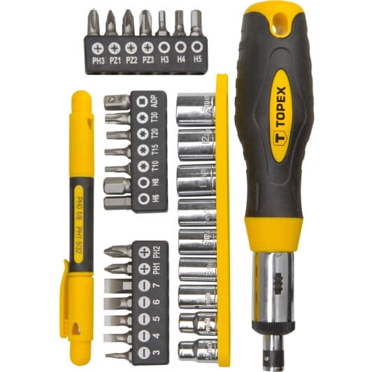 Набір бит та торцевих головок з тримачем та тріскачкою Topex 39D522 22 шт.