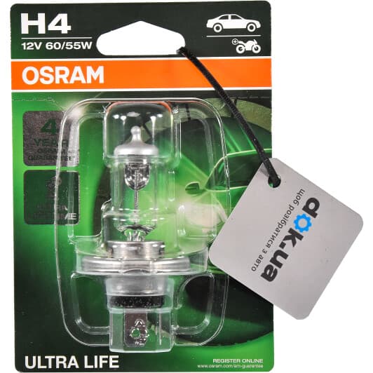 Автолампа Osram Ultra Life H4 P43t 60 W прозрачная 64193ult01b
