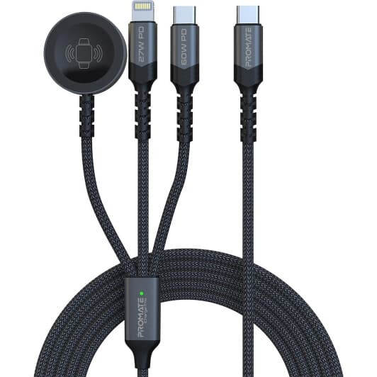 Кабель 3 в 1 Promate Apple Lightning - USB type-С - Apple MagSafe 3 Promate iCharge-Trio Series ICHARGE-TRIO.BLACK 1,5 м