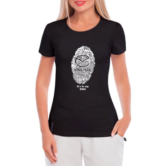 Футболка женская Globuspioner классическая Mazda DNA черная принт спереди